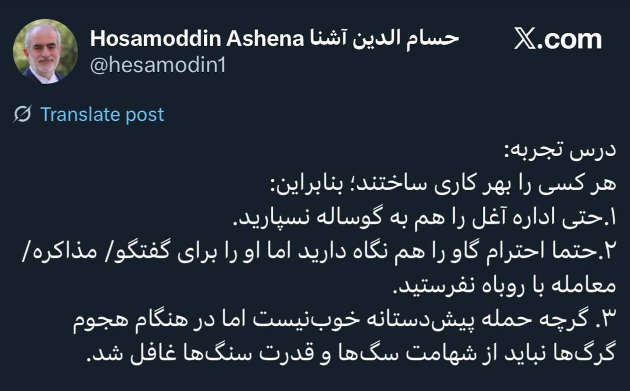 توئیت عجیب حسام الدین آشنا؛ احترام گاو را نگه دارید اما او را برای مذاکره با روباه نفرستید / حتی اداره آغل را هم به گوساله نسپارید 2