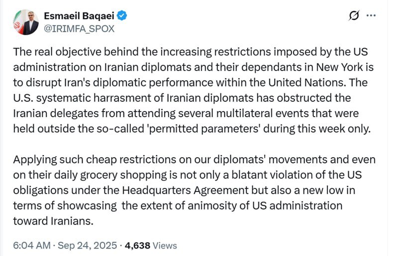 واکنش بقائی به اعمال محدودیتها علیه دیپلماتهای ایرانی در نیویورک
