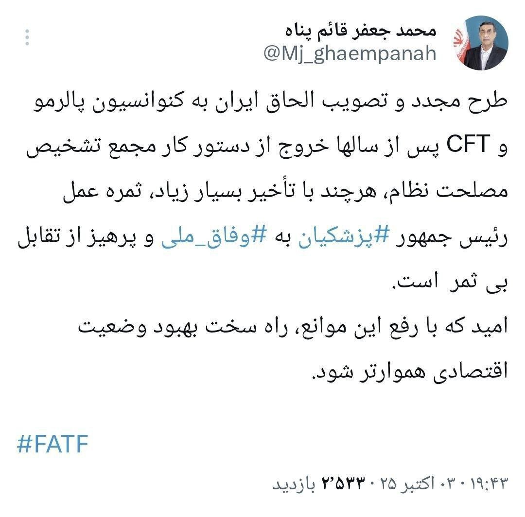 قائمپناه: الحاق ایران به پالرمو و CFT نتیجه عملکرد پزشکیان است 2