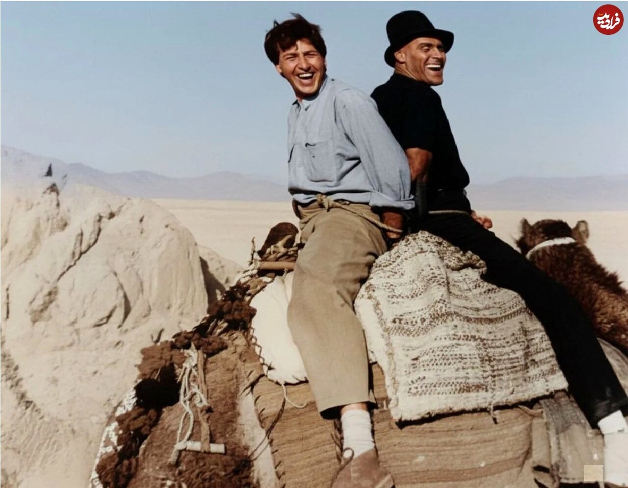 عکس | ژست عجیب دو بازیگر روی شتر؛ خنده‌های ماندگار ابوالفضل پورعرب و جمشید هاشم‌پور