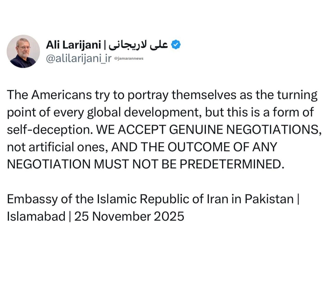 توصیه مذاکراتی علی لاریجانی به آمریکایی‌ها به زبان انگلیسی / مذاکرات واقعی را می‌پذیریم نه تصنعی! 2