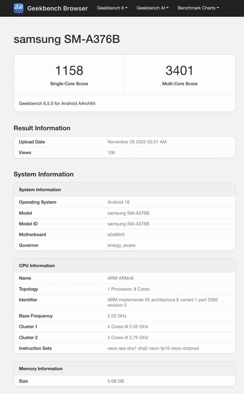 نتیجهی بنچمارک گلکسی A37 در گیکبنچ