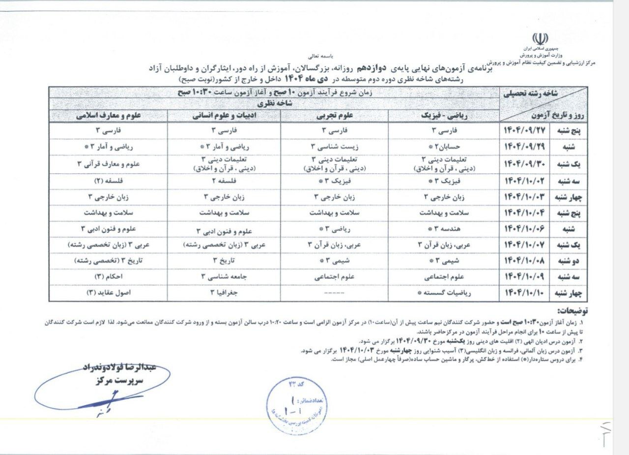 برنامه امتحانات نهایی دوازدهمی‌ها اعلام شد 2