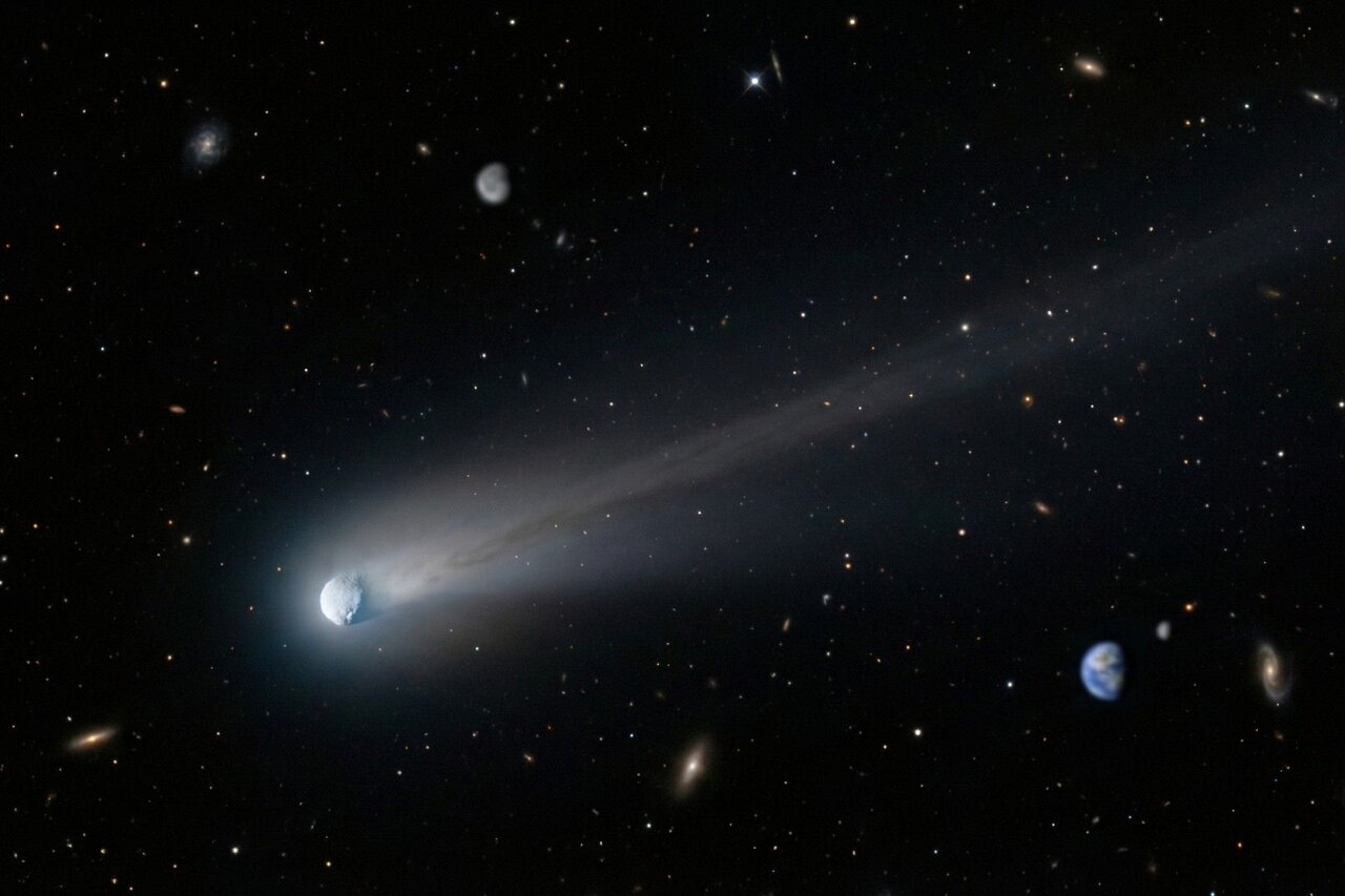 دنبالهدار 3I/ATLAS در تاریخ ۱۶ نوامبر با دم بلند و همچنین «ضد دم ثانویه خود.