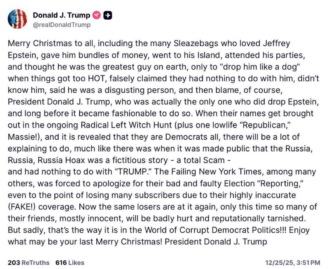 ترامپ: کریسمس مبارک اراذل و اوباش؛ شاید آخرین کریسمس شاد شما باشد، لذت ببرید! / پیش از آنکه مُد شود من این آدم را طرد کردم