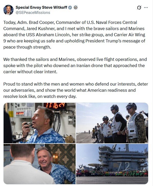 ویتکاف از ناو آبراهام لینکلن: با خلبانی که پهپاد ایران را سرنگون کرد دیدار کردم، عزم آمریکایی اینگونه است + تصاویر