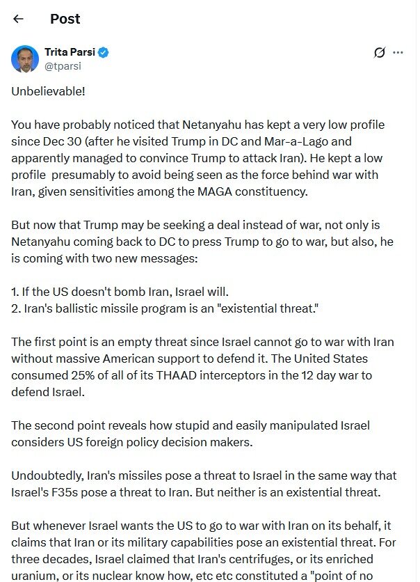 تریتا پارسی در واکنش به سفر نتانیاهو به واشنگتن: باورنکردنیه! حتی اگر ایالات متحده موشکهای ایران را منهدم کند بازهم.....