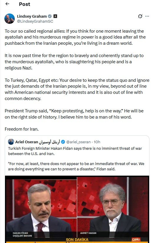 بازتاب اظهارات وزیر خارجه ترکیه درباره ایران/ فیدان: روبیو گفت برو به ایرانیها بگو.../ حمله لفظی گراهام به سه کشور ترکیه، قطر و مصر