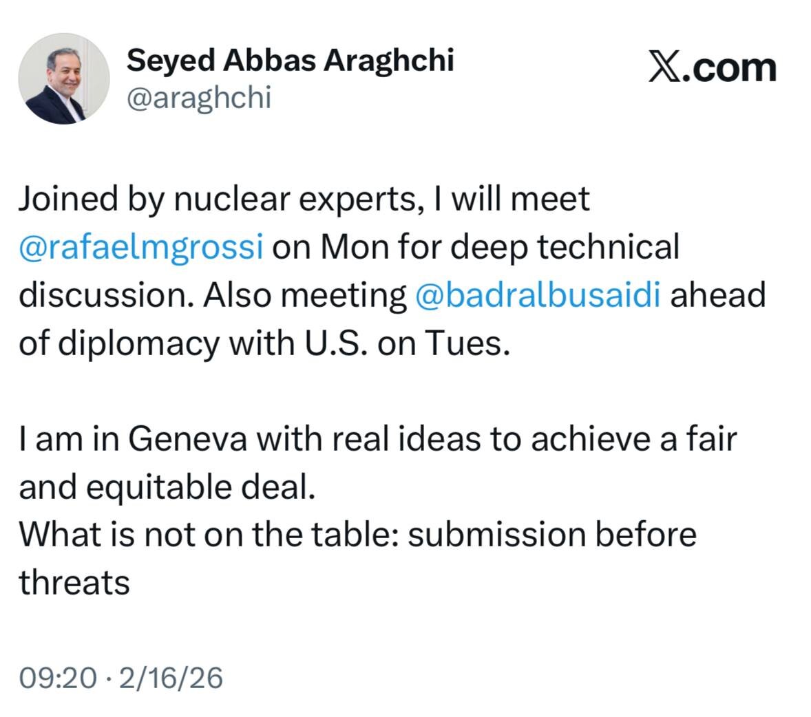 توئیت عراقچی درباره مذاکرات ژنو؛ آنچه مطلقاً در دستور کار نیست...