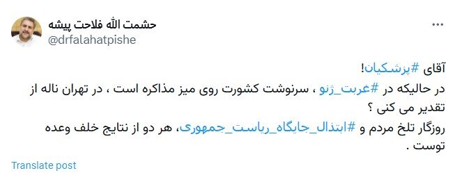 انتقاد تند فلاحت پیشه از پزشکیان؛ سرنوشت کشور در ژنو روی میز است، شما در تهران ...