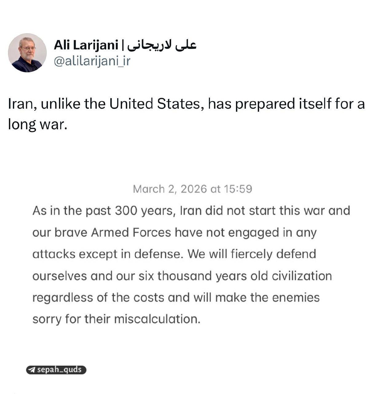 لاریجانی: ایران برای یک جنگ طولانی مدت آماده است؛ بر خلاف آمریکا