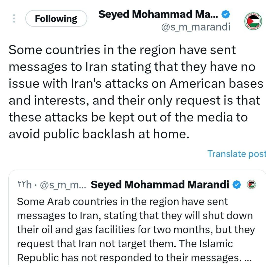 توئیت عجیب محمد مرندی درباره پیام مخفی کشورهای منطقه برای حمله به پایگاههای آمریکا؛ گفتند بزنید اما رسانهای نکنید! + تصویر