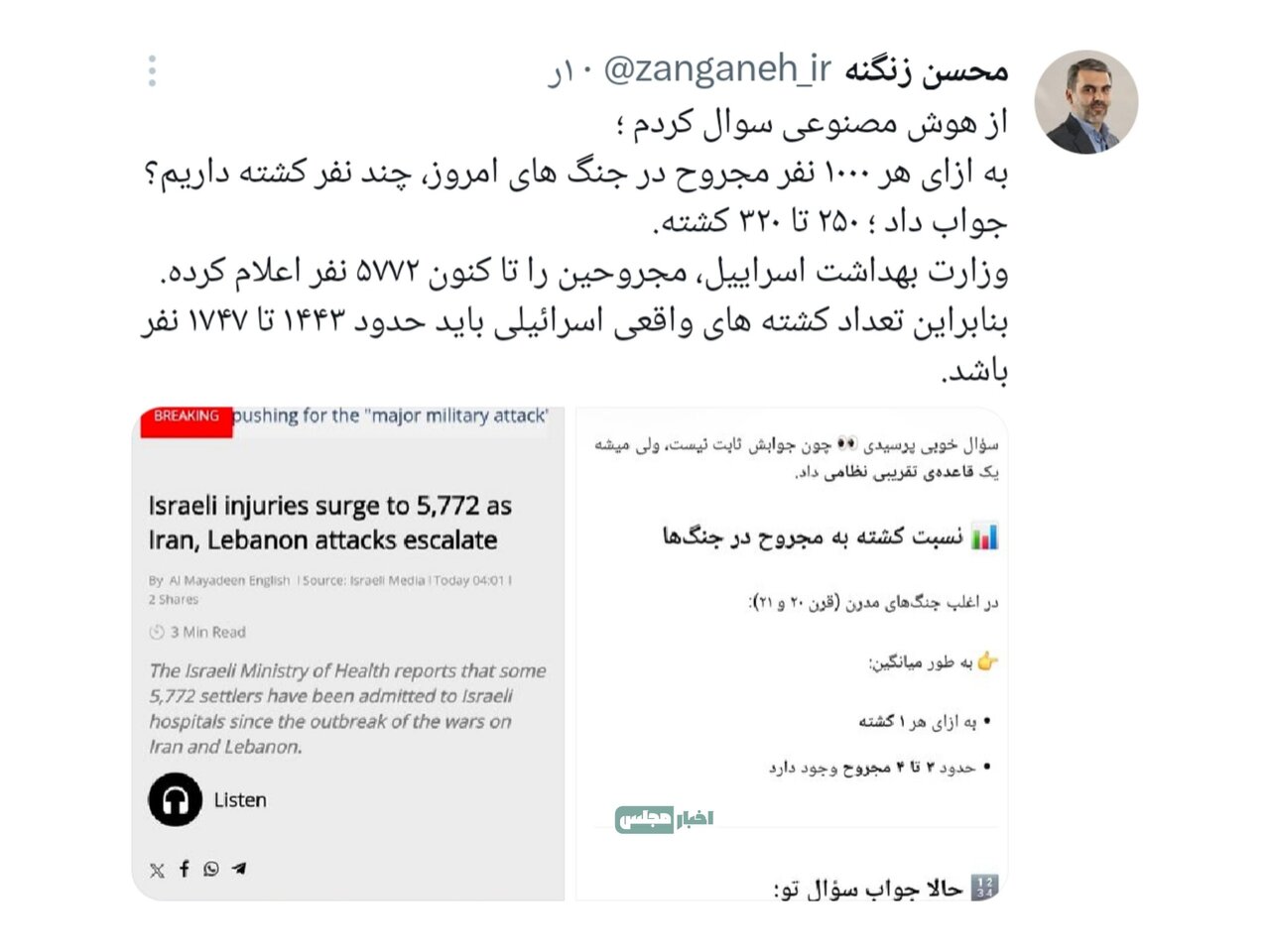 آما نماینده مجلس از کشته شدگان اسرائیلی در حملات ایران با کمک هوش مصنوعی! + تصویر