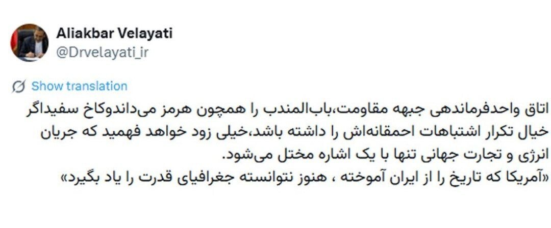 توئیت معنادار ولایتی درباره تنگه بابالمندب