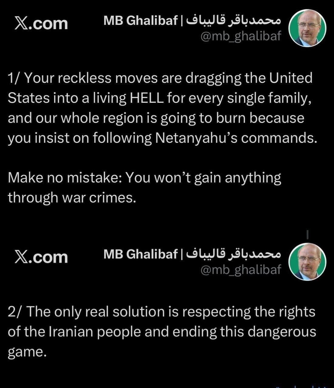 پاسخ توئیتری قالیباف به تهدید ترامپ به زبان انگلیسی؛ حرکتهای بیاساس تو آمریکا را به جهنمی واقعی برای تک تک خانوادههای آمریکایی تبدیل میکند