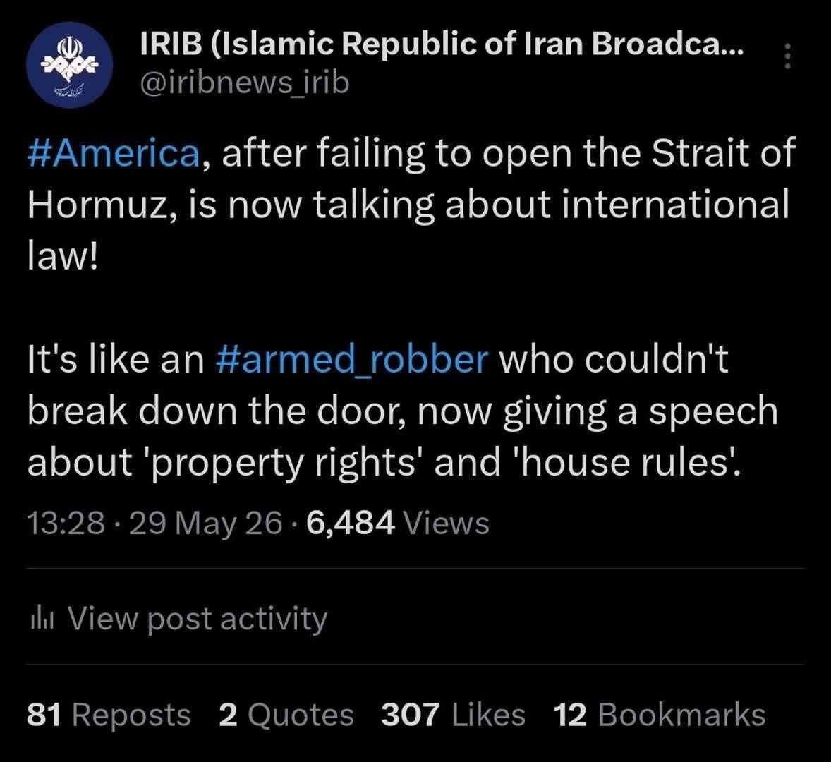 توییت انگلیسی خبرگزاری صداوسیما؛ صحبت آمریکا از قوانین بین الملل مثل دزدی است که از حقوق مالکیت می‌گوید