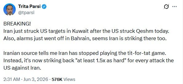 تریتا پارسی درباره حملات ایران به پایگاههای آمریکا: یک منبع ایرانی به من گفت که ایران دیگر بازی مقابلهبهمثل را کنار گذاشته و قصد دارد که...
