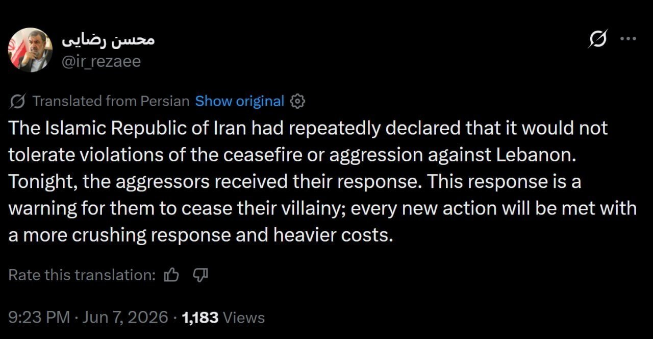 واکنش محسن رضایی به حمله موشکی ایران به اسراییل؛ متجاوزان پاسخ خود را دریافت کردند + تصویر توئیت به زبان انگلیسی