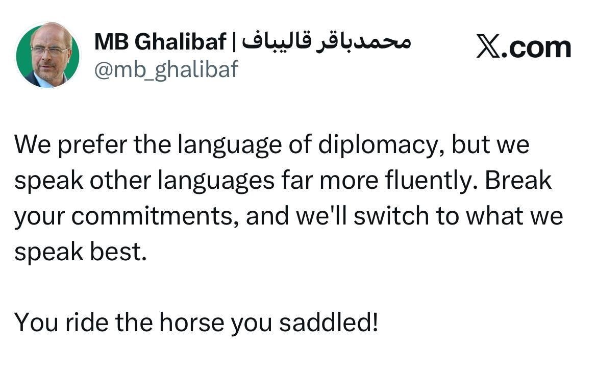 هشدار تند قالیباف به آمریکاییها؛ ما زبان دیپلماسی را ترجیح میدهیم، ولی زبان غیردیپلماسی را روانتر صحبت میکنیم