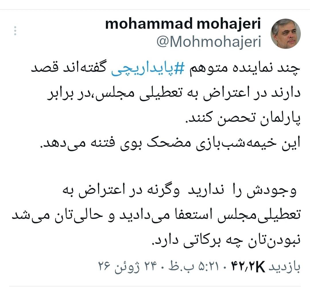 مهاجری خطاب به نمایندگان پایداریچی که قصد تحصن دارند: خیمه شب بازی مضحک راه انداخته اید/ اگر وجودش را دارید استعفا بدهید