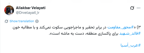 ولایتی: محور مقاومت در برابر تحقیر و ماجراجویی سکوت نمی کند/ اعتراف زبانی به لغو تفاهم بار دیگر منطقه را به سمت آتش سوق می دهد