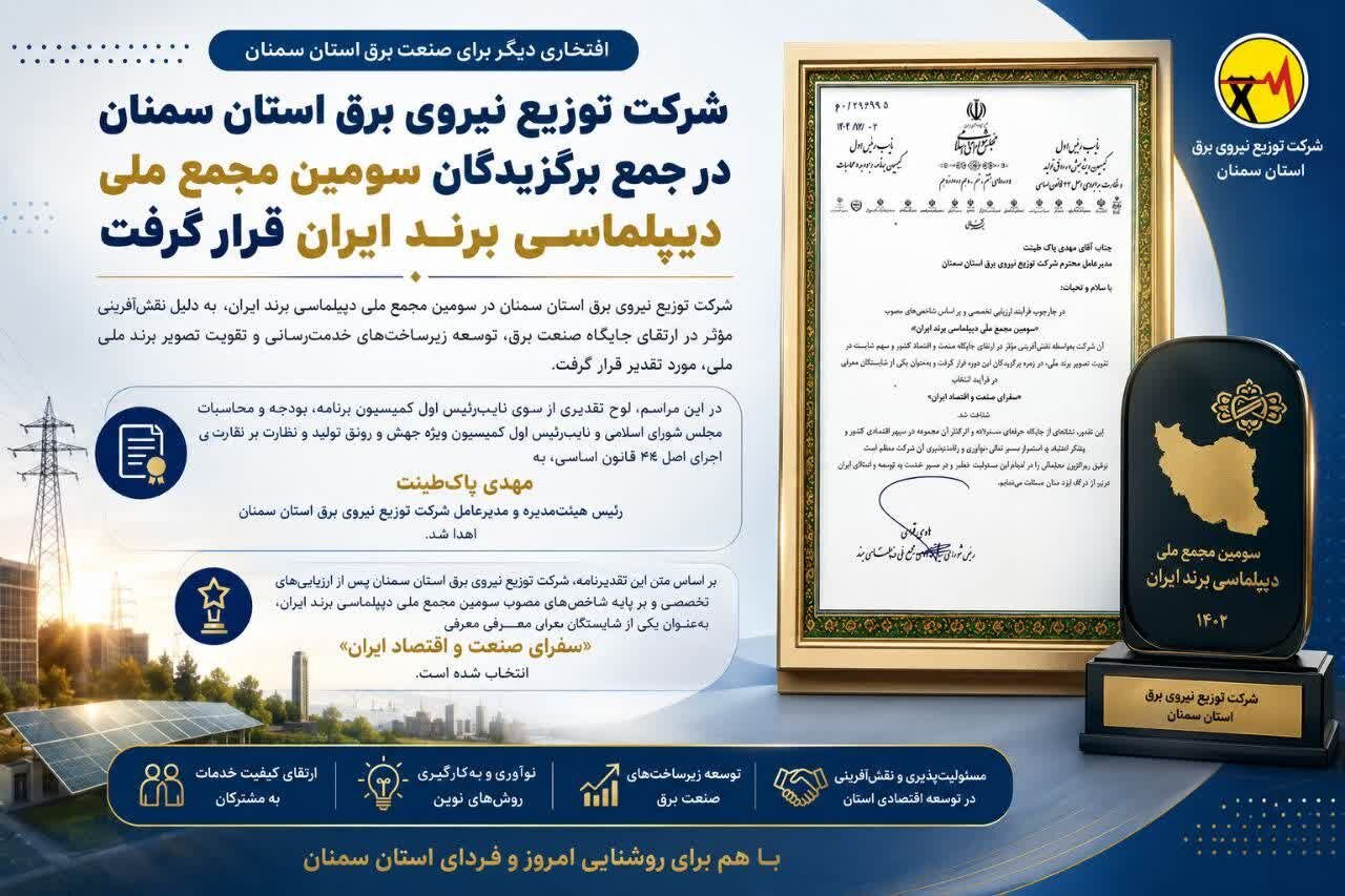 شرکت توزیع نیروی برق استان سمنان در جمع برگزیدگان سومین مجمع ملی دیپلماسی برند ایران قرار گرفت