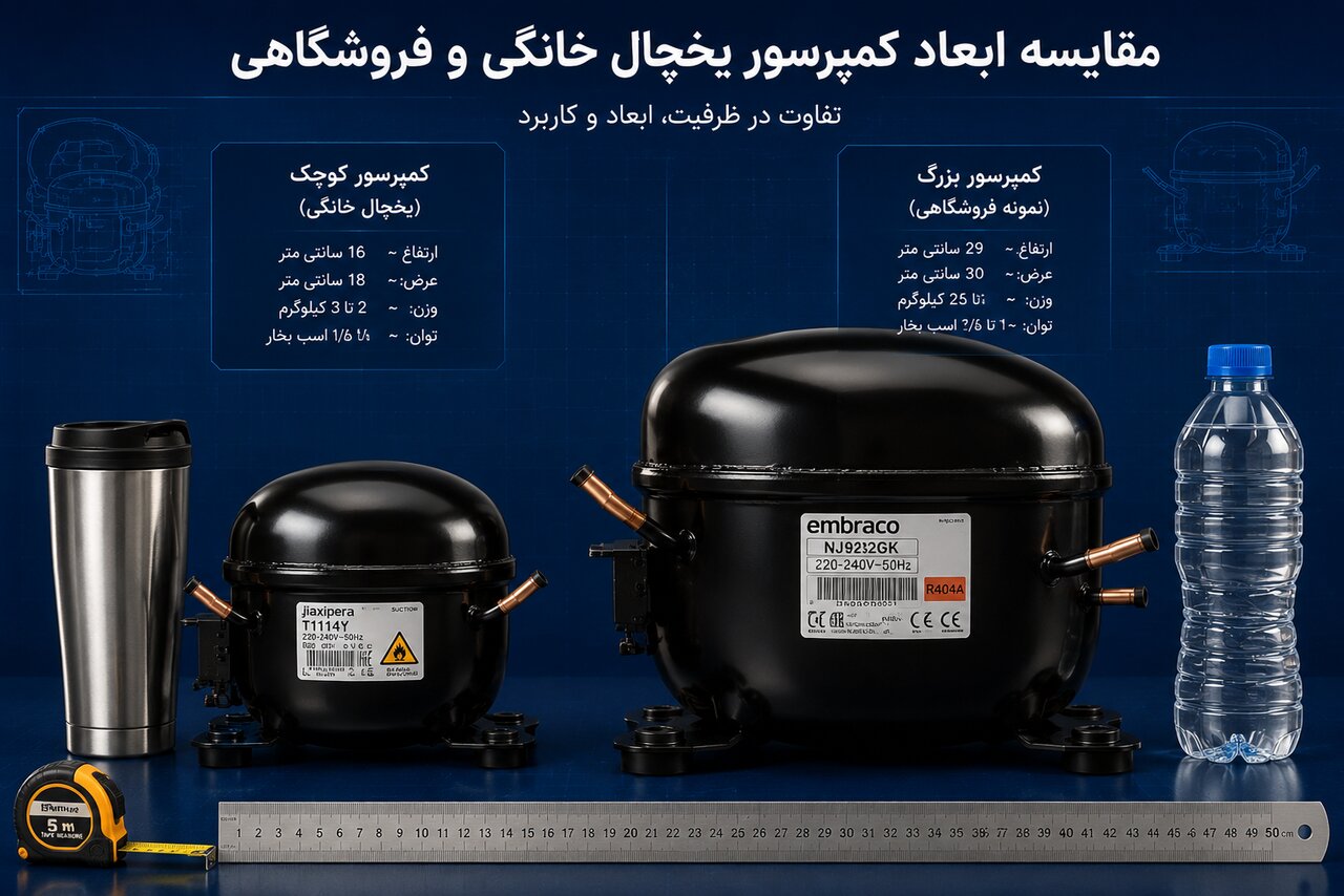 مقایسهای از دو کمپرسور در ابعاد مختلف؛ یک کمپرسور کوچک در کنار یک کمپرسور بزرگ