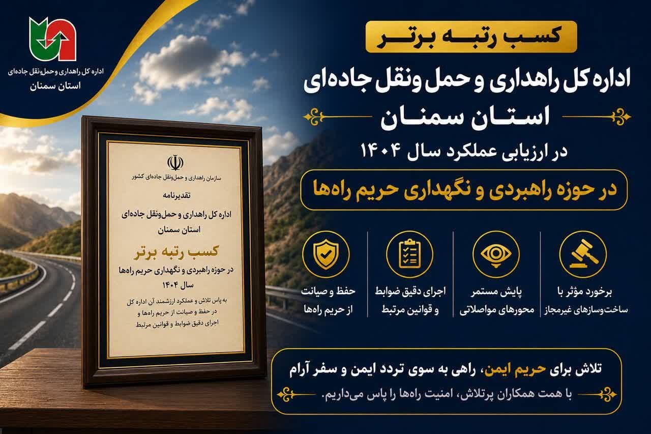 کسب رتبه برتر اداره کل راهداری و حمل‌ونقل جاده‌ای استان سمنان در ارزیابی عملکرد سال ۱۴۰۴ در حوزه راهبردی و نگهداری حریم راه‌ها
