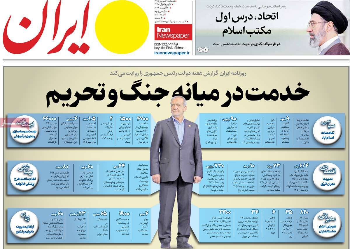 صفحه اول روزنامه های دوشنبه 9شهریور 1405