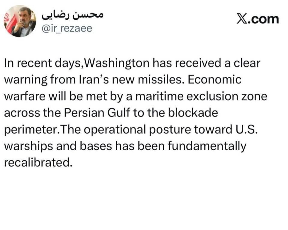 محسن رضایی توئیت جدید زد/ واشنگتن از موشک‌های جدید ایران هشدار واضحی دریافت کرده است