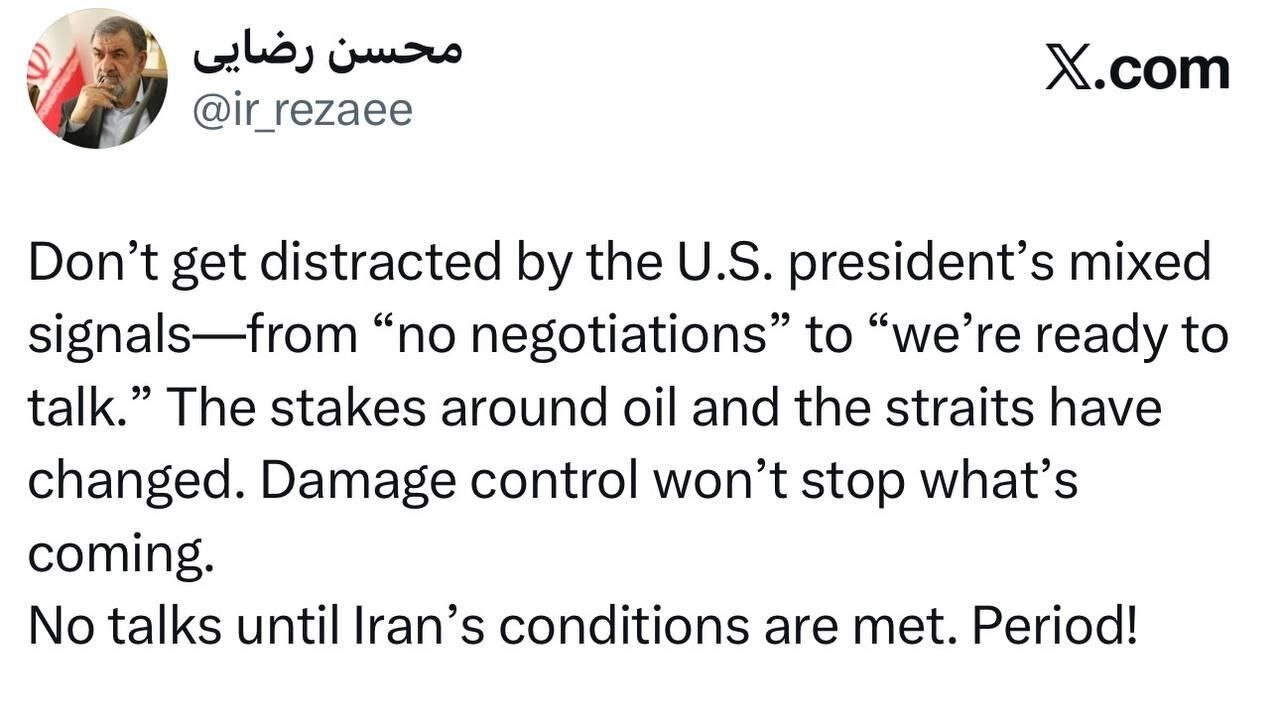 توئیت انگلیسی محسن رضایی خطاب به آمریکایی‌ها درباره مذاکره/ دبیر شعام زمان قبول مذاکره از جانب ایران را اعلام کرد + تصویر