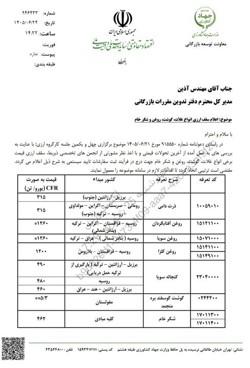 سقف ارزی واردات غلات، روغن، گوشت و شکر خام اعلام شد