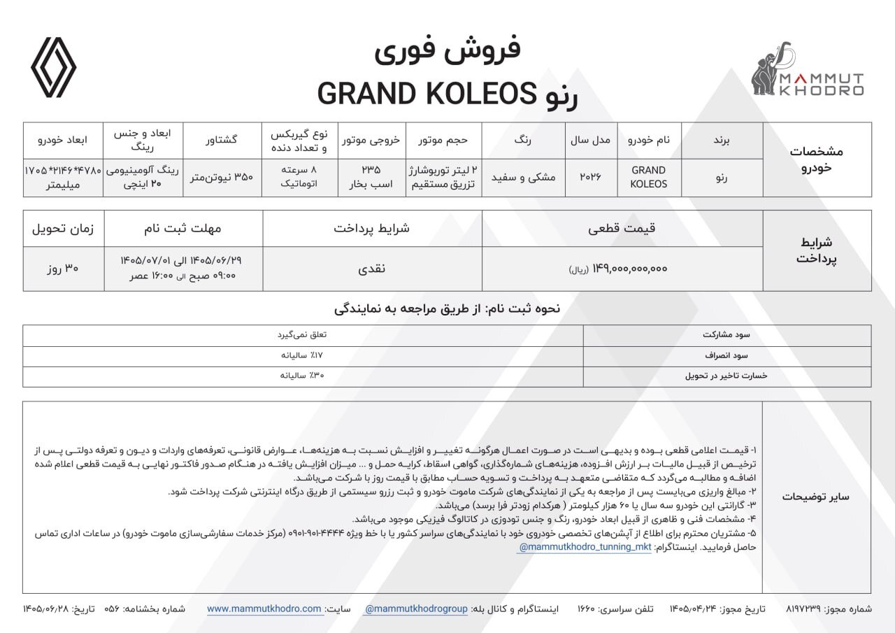 قیمت رنو گرند کولئوس اعلام شد + شرایط فروش