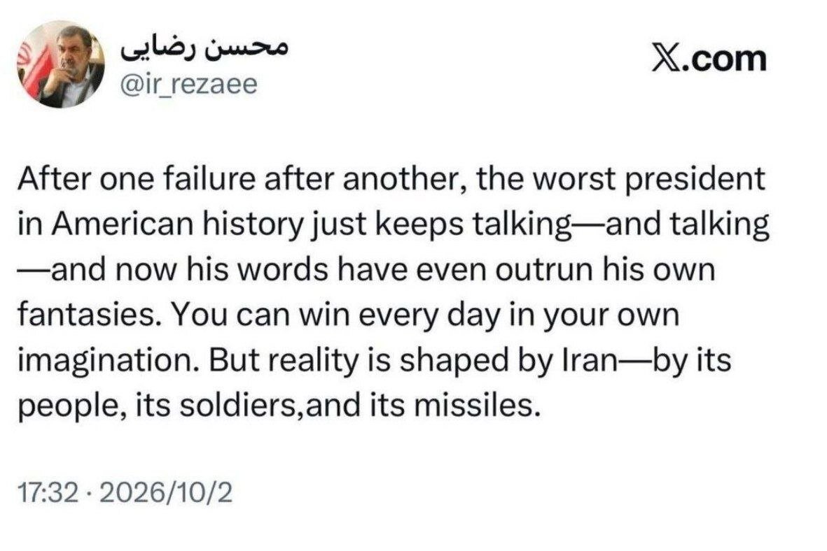 محسن رضایی ترامپ را «بدترین رئیس جمهور آمریکا» خواند؛ می‌توانی هر روز در عالم خیال خود پیروز باشی!