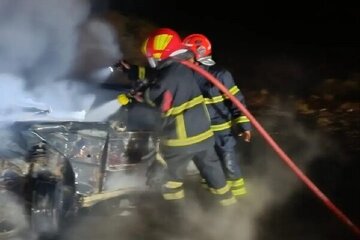 حریق خودروی حامل سوخت قاچاق در جاده بندرعباس ـ میناب مهار شد