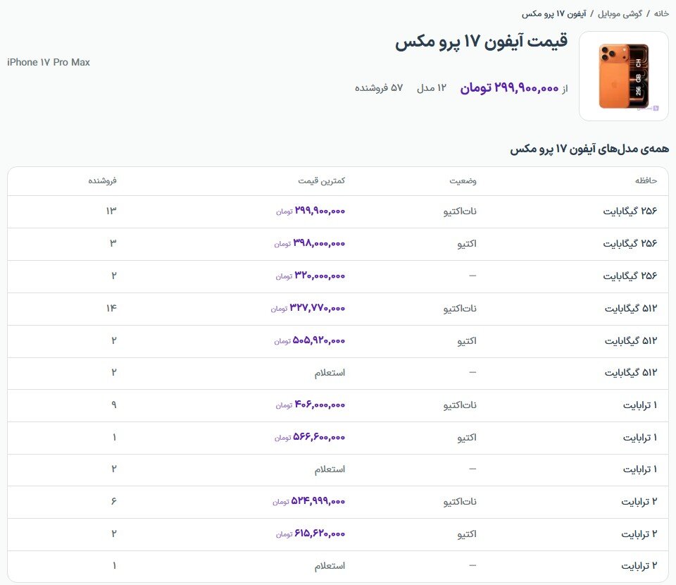جدول قیمت آیفون ۱۷ پرو مکس به تفکیک حافظه و وضعیت اکتیو و ناتاکتیو