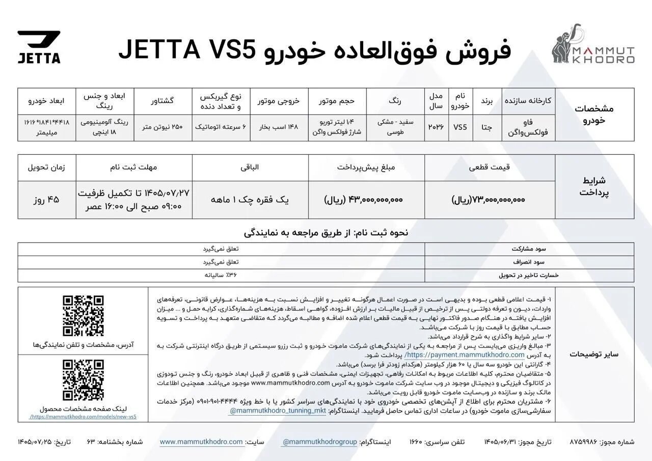 آغاز فروش فوقالعاده جتا VS۵ مدل ۲۰۲۶ از ۲۷ مهر / قیمت قطعی ۷٫۳ میلیارد تومان با تحویل ۴۵ روزه