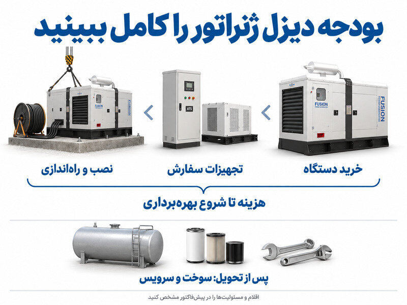 اینفوگرافیک تفکیک هزینه خرید دستگاه، تجهیزات، نصب و سوخت و سرویس دیزل ژنراتور